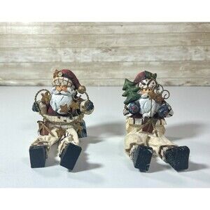 Set Rustic Sitting Wood Santa Figurines Plaid Metal Wire Folk Art Ornament Decor